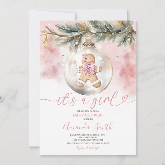 Invitation C'est un Baby shower de Noël de Fille Pink Gingerb (Devant)