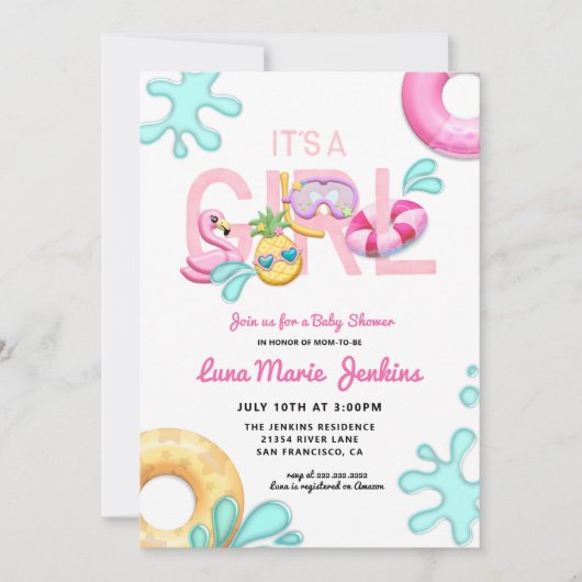 Invitation C'est un Baby shower de piscine tropicale estivale (Devant)