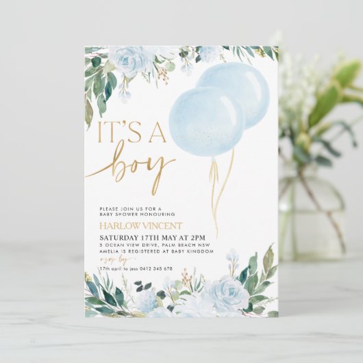 Invitation C'est un Baby shower de verdure bleu garçon (Debout devant)