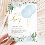 Invitation C'est un Baby shower de verdure bleu garçon<br><div class="desc">C'est un garçon ! Ballon bleu,  verdure et invitation au baby shower faux or.</div>