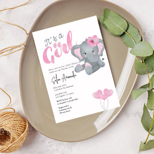 Invitation C'est un Baby shower d'éléphant rose mignon