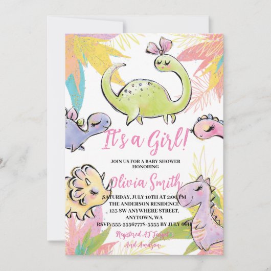 Invitation C'est un Baby shower Dinosaure d'aquarelle pour fi (Devant)