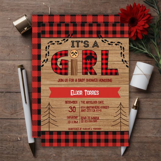 Invitation C'est un Baby shower en bois rustique pour filles
