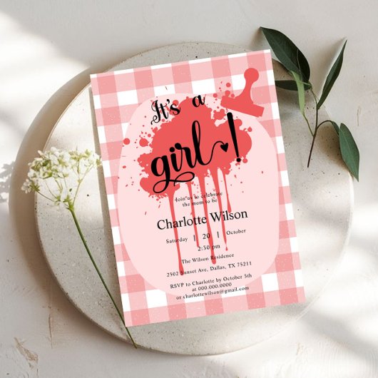 Invitation C'est un Baby shower En vichy rouge Girl Cute Past
