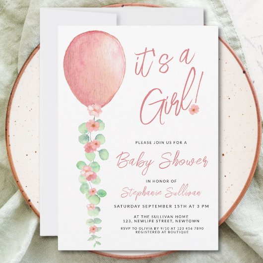 Invitation C'Est Un Baby shower Fille Balloon Eucalyptus