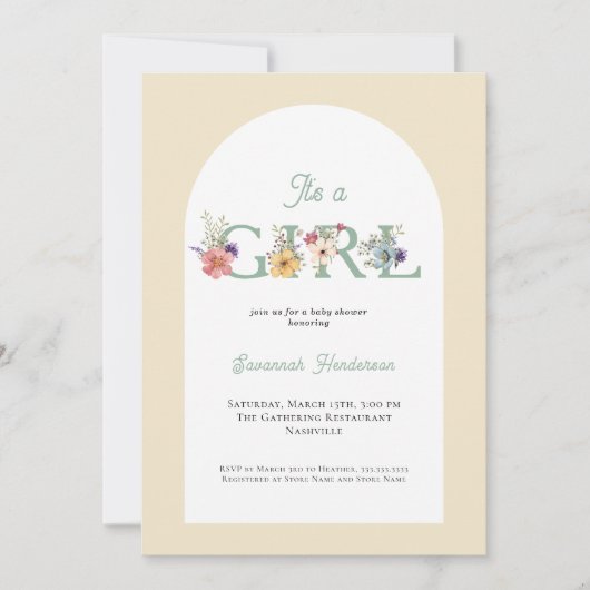 Invitation C'est un Baby shower Fille Floral Jaune Douce (Devant)