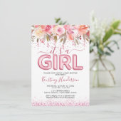 Invitation C'est un Baby shower Fleur Rose Fille (Debout devant)