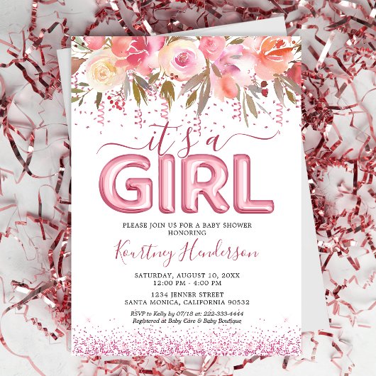 Invitation C'est un Baby shower Fleur Rose Fille