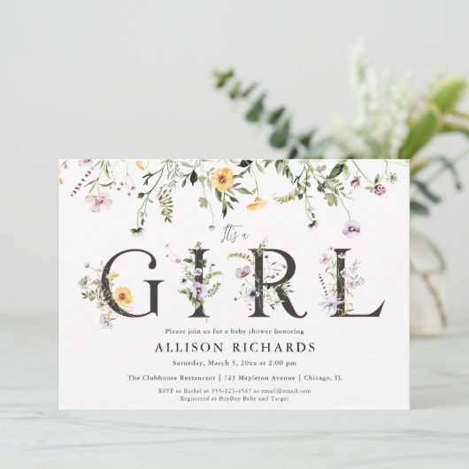 Invitation C'est un baby shower fleur sauvage jaune violet de (Debout devant)