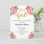Invitation C'est un Baby shower Fleurs d'Aquarelle rose Fille (Debout devant)
