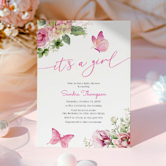 Invitation C'est un Baby shower floral à papillon