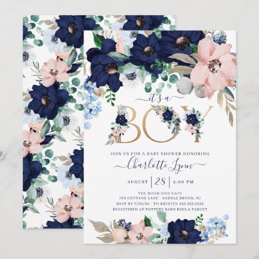 Invitation C'est un Baby shower floral bleu et blanc BoyNavy (Devant / Derrière)