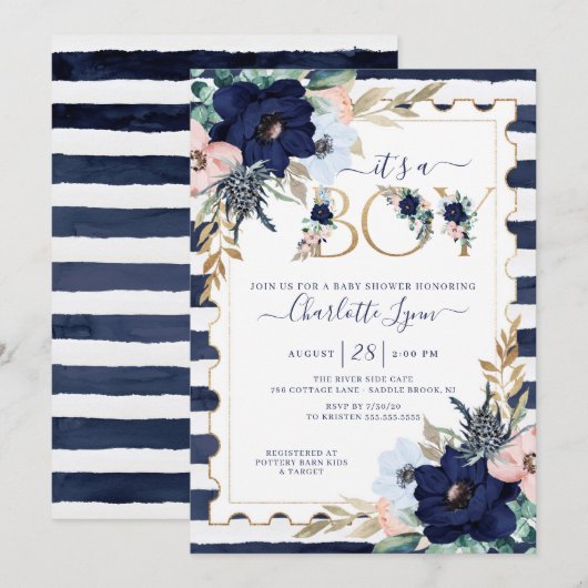 Invitation C'est un Baby shower floral bleu et bleu marine (Devant / Derrière)