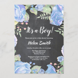 Invitation C'est un Baby shower floral bleu garçon Chalkboard