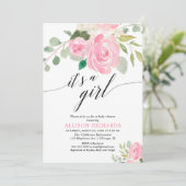 Invitation C'est un baby shower floral couleur rose fille (Debout devant)