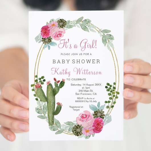 Invitation C'est un baby shower floral de cactus rose fille