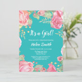 Invitation C'est un Baby shower floral rose fille Turquoise (Debout devant)