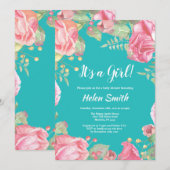 Invitation C'est un Baby shower floral rose fille Turquoise (Devant / Derrière)