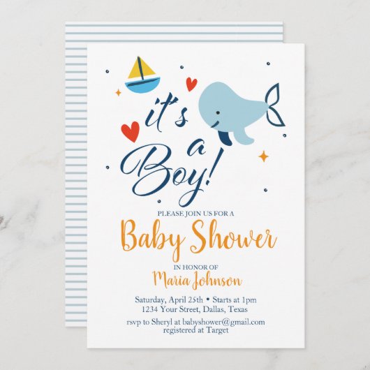 Invitation C'est un Baby shower garçon Bleu Océan Nautique (Devant / Derrière)