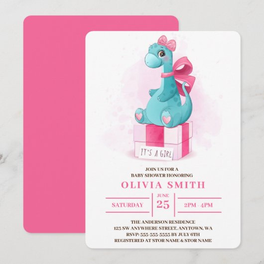 Invitation C'est un Baby shower Girl Cute Dinosaur (Devant / Derrière)