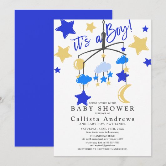 Invitation C'est un Baby shower mobile pour bébé Lune Stars (Devant / Derrière)