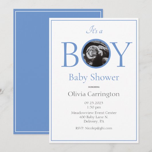 Invitation C'est un Baby shower photo bleu garçon (Devant / Derrière)