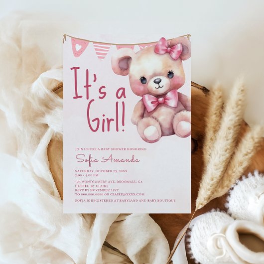 Invitation C'est un Baby shower rose de fille Teddy Bear