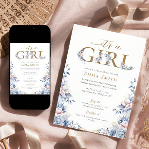 Invitation C'est un Baby shower rose de Girl Gold Blue