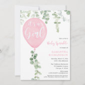 Invitation C'est un ballon à l'eucalyptus rose pour bébé (Devant)