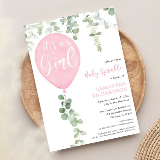 Invitation C'est un ballon à l'eucalyptus rose pour bébé