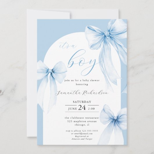 Invitation C'est un bébé bébé coquette bleu poussiéreux arcs  (Devant)