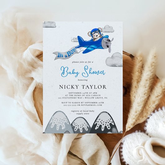 Invitation C'est un Boy Aviator Bear Plane Baby shower d'hive