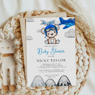 Invitation C'est un Boy Aviator Bear Plane Baby shower d'hive