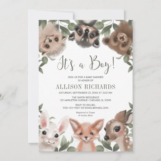 Invitation C'est un Boy baby shower de forêt d'animaux de for (Devant)