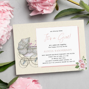 Invitation C'est un chariot vintage pour fille et un baby sho