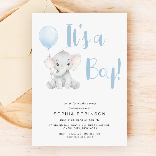 Invitation C'est un garçon adorable éléphant Baby shower bleu
