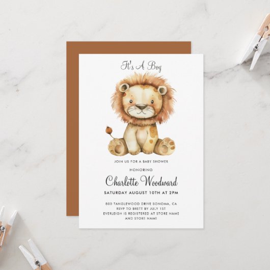 Invitation C'est un garçon adorable Lion Cub Baby shower garç (Devant/Arrière en situation)