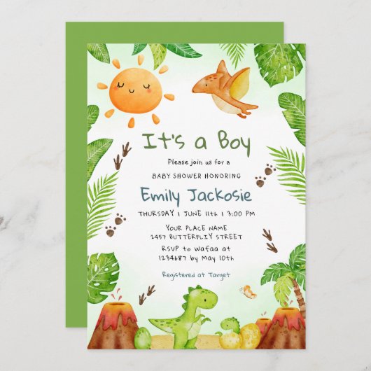 Invitation c'est un garçon aquarelle Dinosaur Vert Vert Garço (Devant / Derrière)