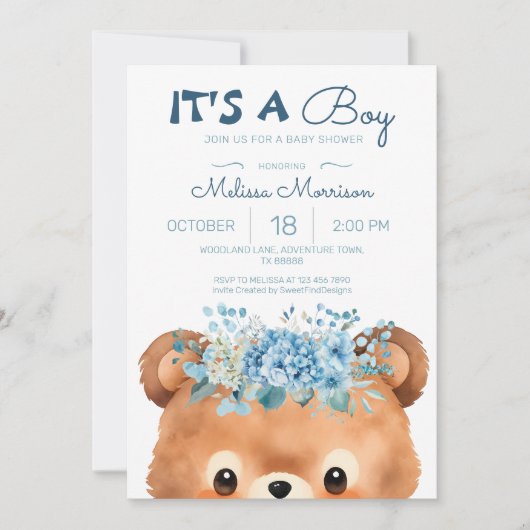 Invitation C'est un garçon Baby shower Bear Blue (Devant)