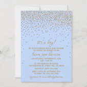Invitation C'est un garçon ! Baby shower Confetti bleu et or (Devant)