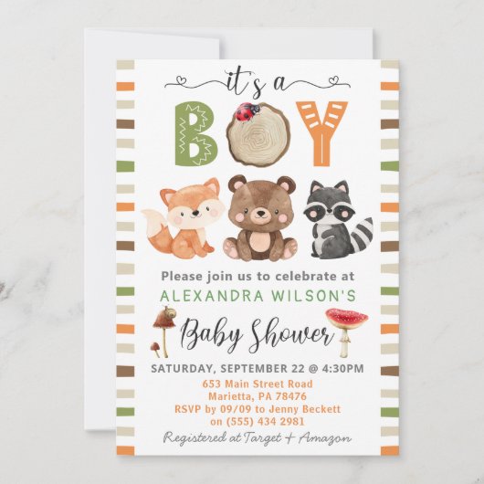 Invitation C'est un garçon Baby shower d'animaux de bois (Devant)