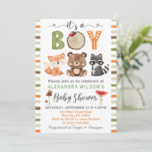 Invitation C'est un garçon Baby shower d'animaux de bois (Debout devant)