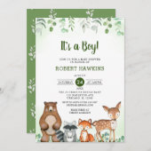 Invitation C'est un garçon baby shower d'animaux forestiers (Devant / Derrière)