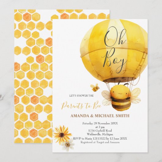 Invitation c'est un garçon Baby shower d'aquarelle d'abeille (Devant / Derrière)