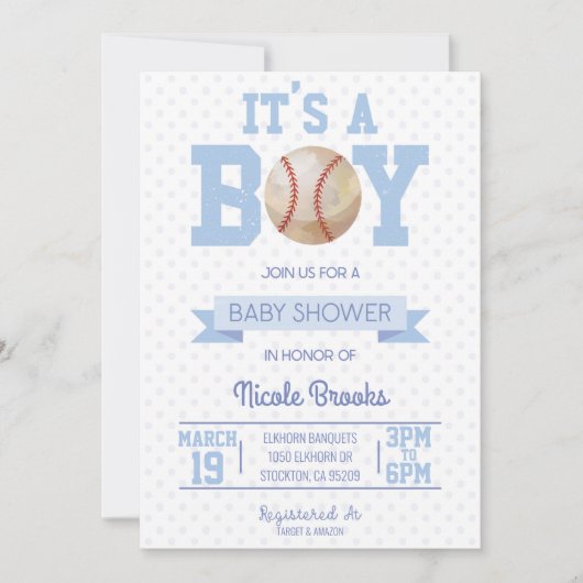 Invitation C'est un garçon ! Baby shower de base-ball bleu In (Devant)