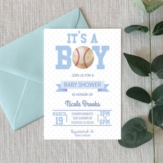 Invitation C'est un garçon ! Baby shower de base-ball bleu In