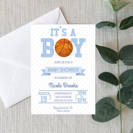 Invitation C'est un garçon ! Baby shower de basket-ball bleu 