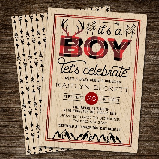 Invitation C'est un garçon ! Baby shower de bûcheron rustique