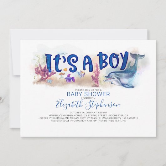 Invitation C'est un garçon Baby shower de dauphins sous-marin (Devant)