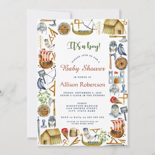 Invitation C'est un garçon Baby shower de fête Vikings Waterc (Devant)